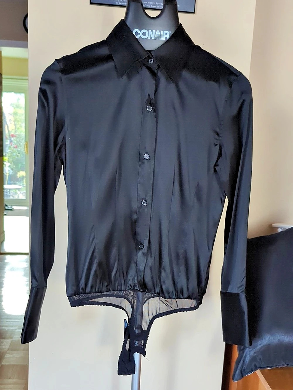 Moda International Satin Long Sleeve Bodysuit in Black Size Small Like New